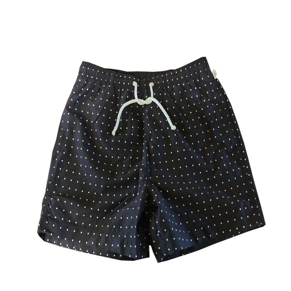 Mens Navy With White Polka Dots Swim Shorts With tie Draw Cord Mesh Lining 2 Side Pockets And Side Hook Rope