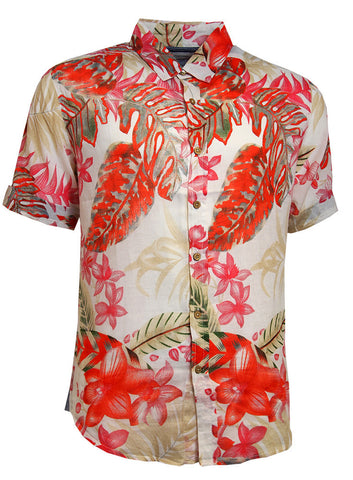 Mens Beach Holiday Soft Feel Fabric Hawaiian Print Cotton Fashion Shirt White Orange