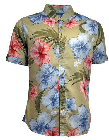 Mens Beach Holiday Soft Feel Fabric Hawaiian Print Cotton Fashion Shirt Beige