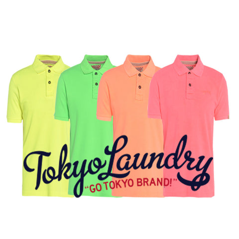 Tokyo Laundry Mens Polo T-Shirt 'Shinjuku' Neon Enzyme Washed Short Sleeved